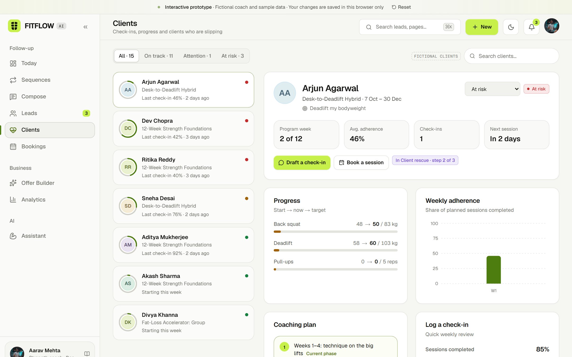 Clients: weekly check-ins compute a status; slipping clients get a check-in draft or the rescue sequence.