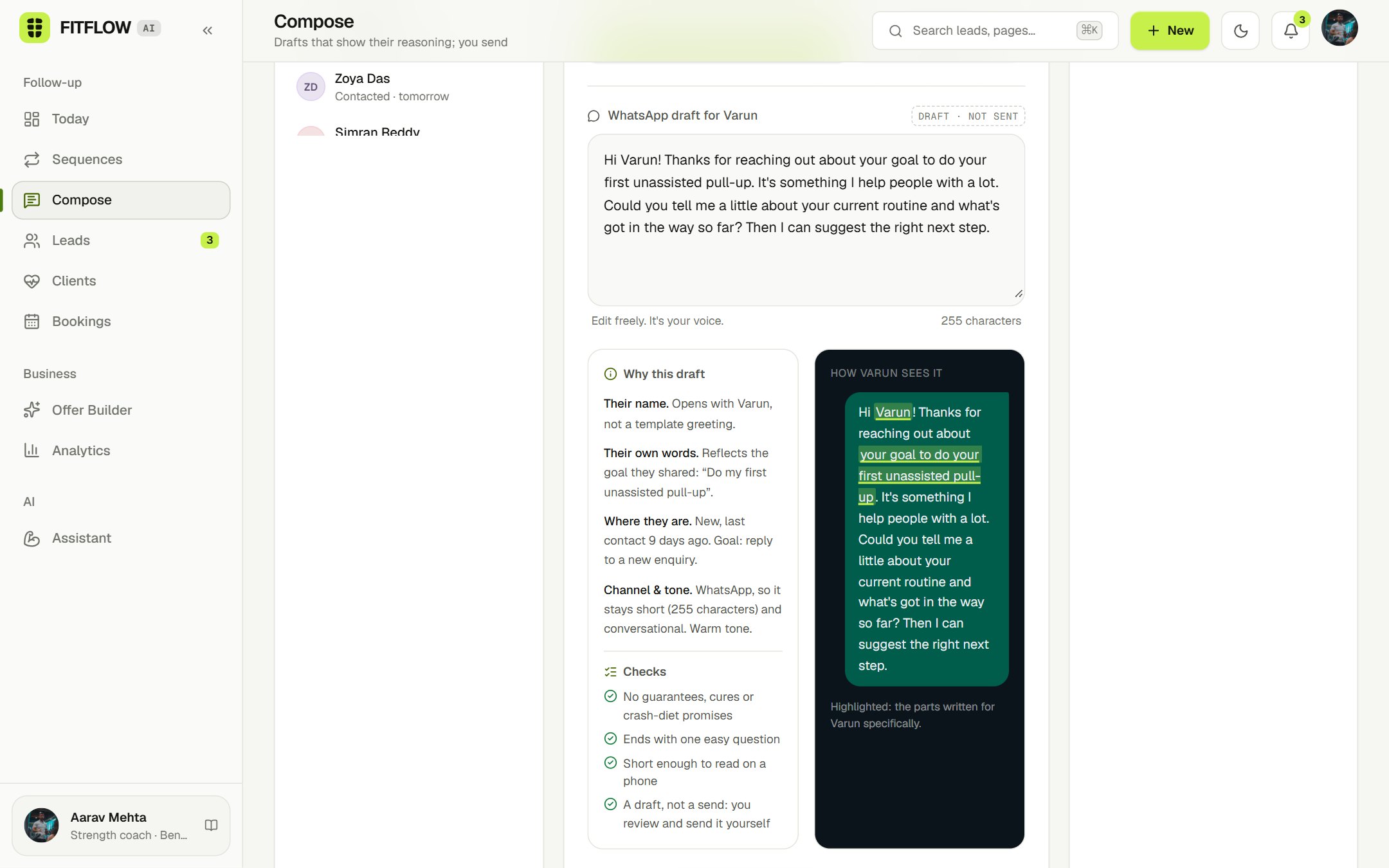 Compose: the draft, what it used, the checks it passed, and a preview with the personalised parts highlighted.