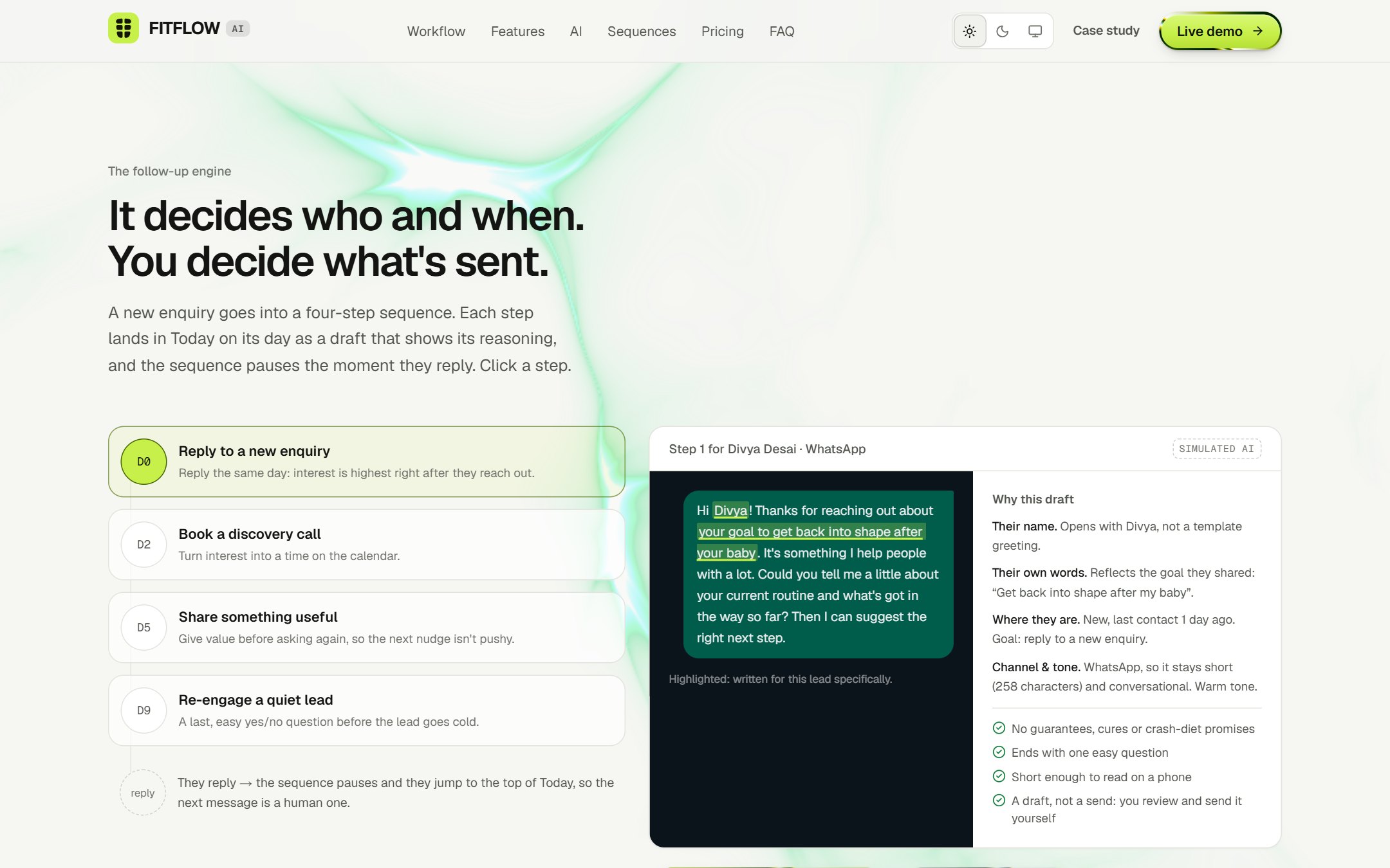 The follow-up engine on the landing page: click a sequence step to see the real draft it produces, with its reasoning.