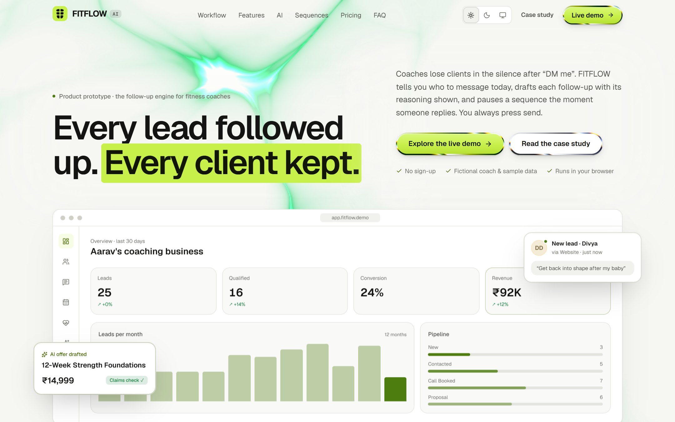 Landing page: the promise in one line, with the product shot settling flat as you scroll.