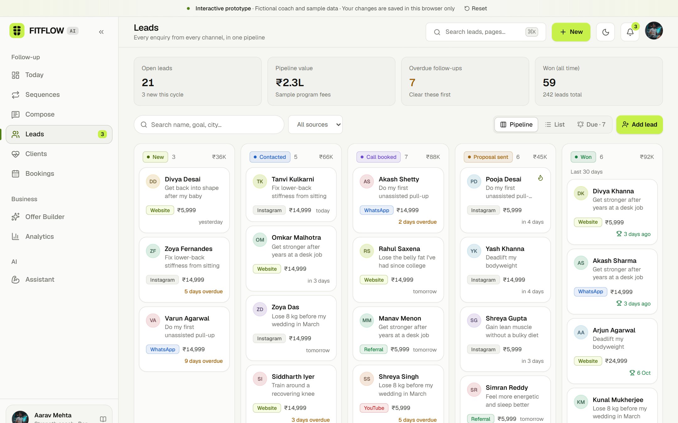 Lead pipeline: stage, source, value and follow-up urgency on every card.
